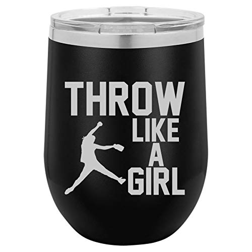 12 oz Double Wall Vacuum Insulated Stainless Steel Stemless Wine Tumbler Glass Coffee Travel Mug With Lid Throw Like A Girl Softball (Black)