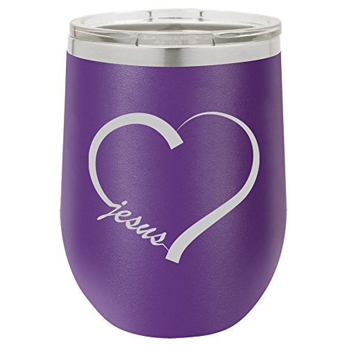 12 oz Double Wall Vacuum Insulated Stainless Steel Stemless Wine Tumbler Glass Coffee Travel Mug With Lid Love Heart Jesus (Purple)