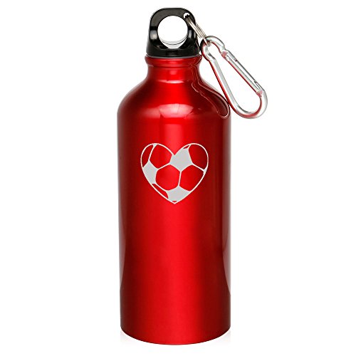 20oz Aluminum Sports Water Bottle Caribiner Clip Heart Soccer Ball (Red)