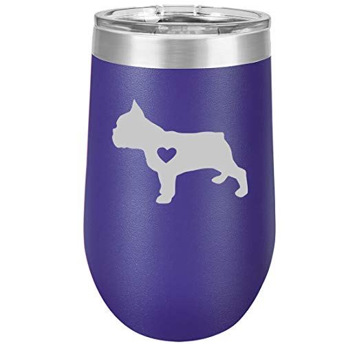 16 oz Double Wall Vacuum Insulated Stainless Steel Stemless Wine Tumbler Glass Coffee Travel Mug With Lid Cute French Bulldog With Heart (Purple)