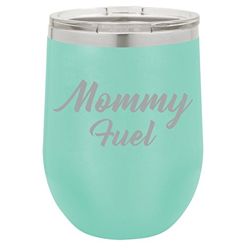 12 oz Double Wall Vacuum Insulated Stainless Steel Stemless Wine Tumbler Glass Coffee Travel Mug With Lid Mommy Fuel Mom Mother (Teal)