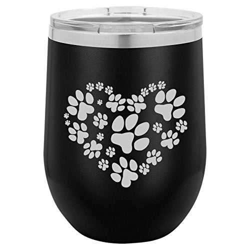 12 oz Double Wall Vacuum Insulated Stainless Steel Stemless Wine Tumbler Glass Coffee Travel Mug With Lid Heart Paw Prints (Black)