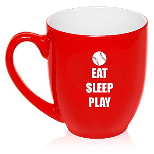 16 oz Large Bistro Mug Ceramic Coffee Tea Glass Cup Eat Sleep Play Baseball Softball (Red)