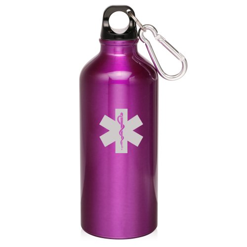 Purple 20oz Aluminum Sports Water Bottle Caribiner Clip ZW503 Star of Life EMT