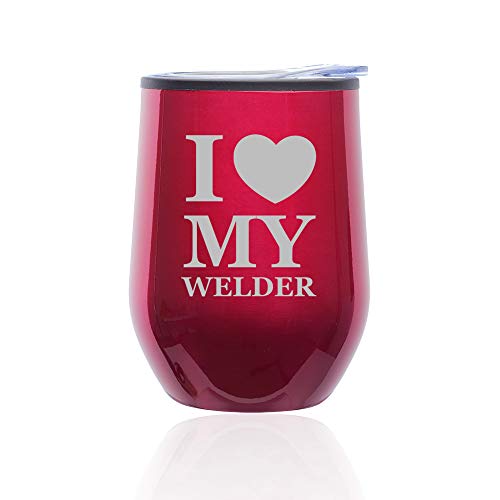Stemless Wine Tumbler Coffee Travel Mug Glass With Lid I Heart Love My Welder (Fuchsia)