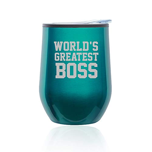 Stemless Wine Tumbler Coffee Travel Mug Glass With Lid World's Greatest Boss (Turquoise Teal)