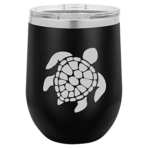 12 oz Double Wall Vacuum Insulated Stainless Steel Stemless Wine Tumbler Glass Coffee Travel Mug With Lid Sea Turtle (Black)