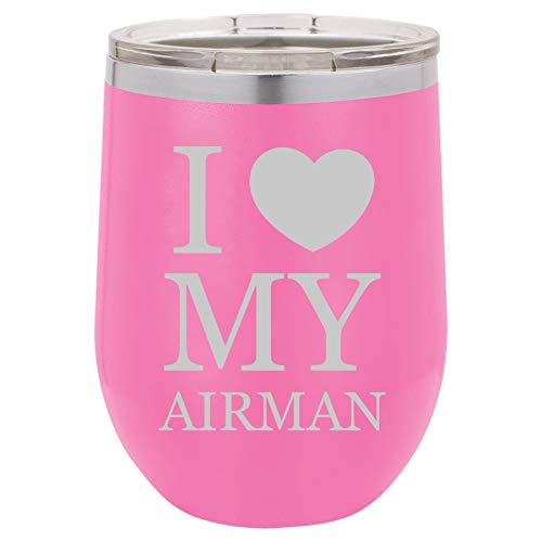 12 oz Double Wall Vacuum Insulated Stainless Steel Stemless Wine Tumbler Glass Coffee Travel Mug With Lid I Love My Airman Airforce (Hot-Pink)