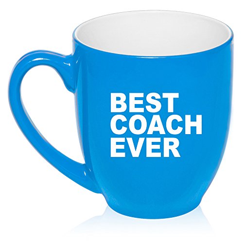 16 oz Large Bistro Mug Ceramic Coffee Tea Glass Cup Best Coach Ever (Light Blue)
