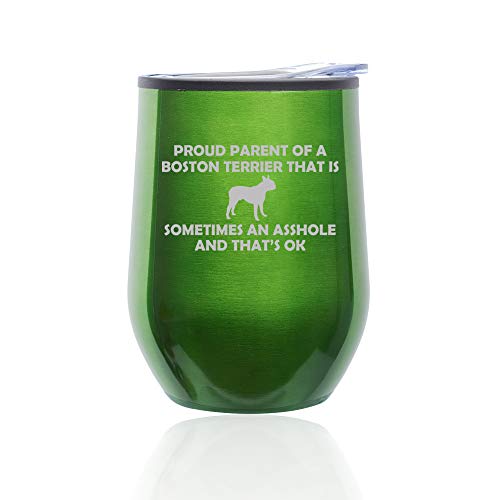 Stemless Wine Tumbler Coffee Travel Mug Glass With Lid Proud Parent Boston Terrier (Green)