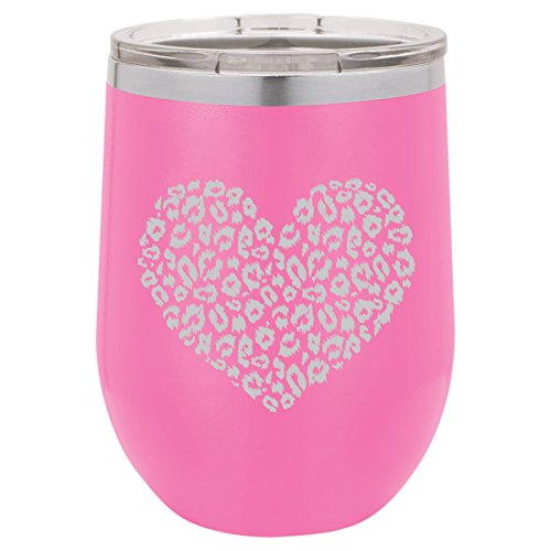 12 oz Double Wall Vacuum Insulated Stainless Steel Stemless Wine Tumbler Glass Coffee Travel Mug With Lid Leopard Print Love Heart (Hot-Pink)