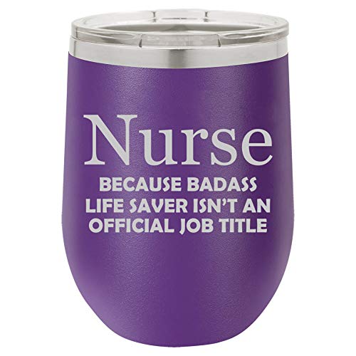 12 oz Double Wall Vacuum Insulated Stainless Steel Stemless Wine Tumbler Glass Coffee Travel Mug With Lid Nurse Job Title Funny (Purple)