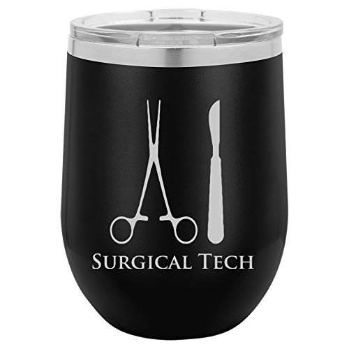 12 oz Double Wall Vacuum Insulated Stainless Steel Stemless Wine Tumbler Glass Coffee Travel Mug With Lid Surgical Tech (Black)