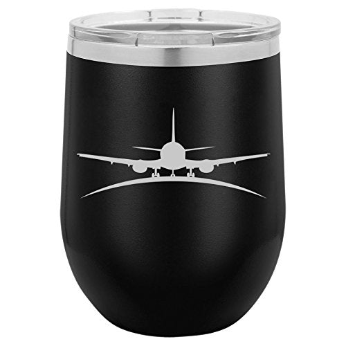 12 oz Double Wall Vacuum Insulated Stainless Steel Stemless Wine Tumbler Glass Coffee Travel Mug With Lid Airplane Pilot Flight Attendant (Black)