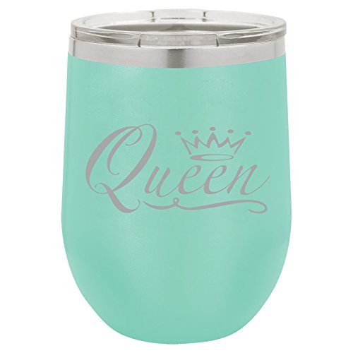 12 oz Double Wall Vacuum Insulated Stainless Steel Stemless Wine Tumbler Glass Coffee Travel Mug With Lid Queen Fancy (Teal)