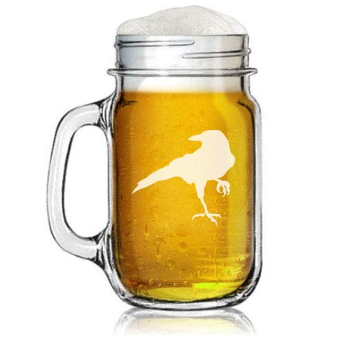 16oz Mason Jar Glass Mug w/Handle Crow Raven Blackbird