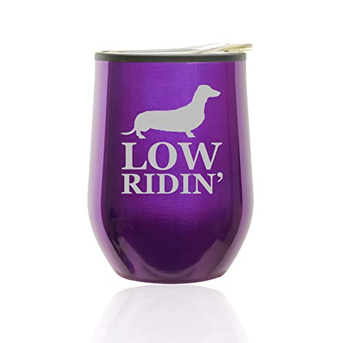 Stemless Wine Tumbler Coffee Travel Mug Glass With Lid Low Ridin' Dachshund (Royal Purple)