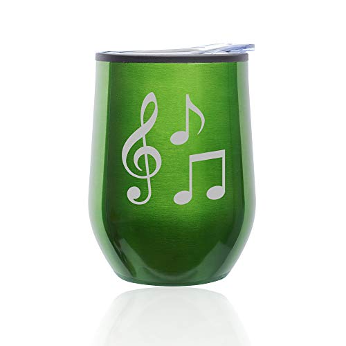 Stemless Wine Tumbler Coffee Travel Mug Glass With Lid Music Notes (Green)