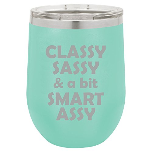 12 oz Double Wall Vacuum Insulated Stainless Steel Stemless Wine Tumbler Glass Coffee Travel Mug With Lid Classy Sassy And A Bit Smart Assy (Teal)