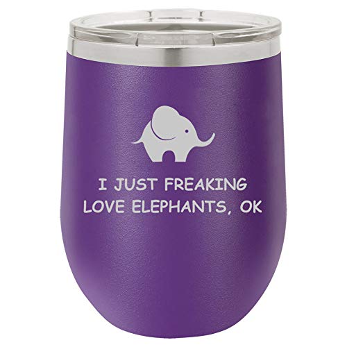 12 oz Double Wall Vacuum Insulated Stainless Steel Stemless Wine Tumbler Glass Coffee Travel Mug With Lid I Just Freaking Love Elephants Funny (Purple)