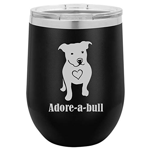 12 oz Double Wall Vacuum Insulated Stainless Steel Stemless Wine Tumbler Glass Coffee Travel Mug With Lid Adore-A-Bull Pit Bull (Black)