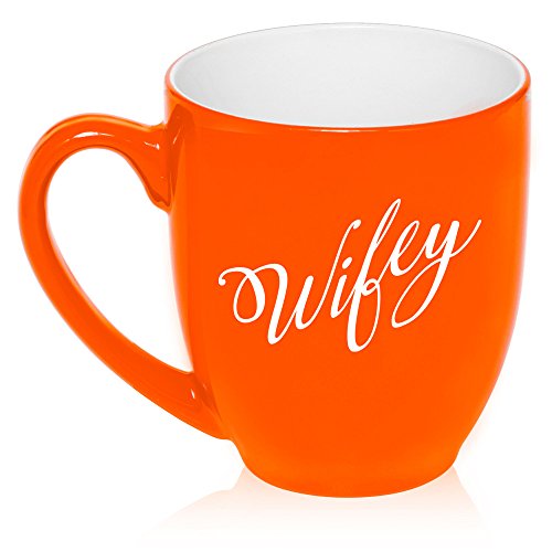 16 oz Large Bistro Mug Ceramic Coffee Tea Glass Cup Wifey Wife (Orange)