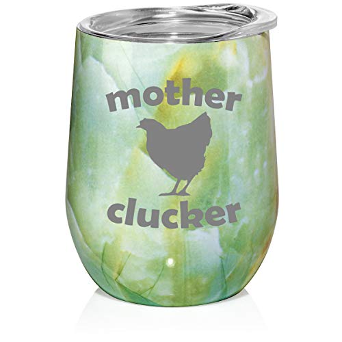 12 oz Double Wall Vacuum Insulated Stainless Steel Marble Stemless Wine Tumbler Glass Coffee Travel Mug With Lid Mother Clucker Hen Chicken Funny (Turquoise Green Marble)