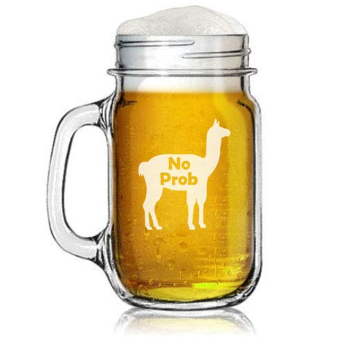 16oz Mason Jar Glass Mug w/Handle No Prob Llama Funny