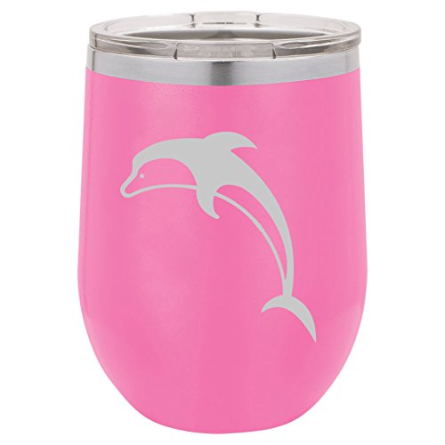 12 oz Double Wall Vacuum Insulated Stainless Steel Stemless Wine Tumbler Glass Coffee Travel Mug With Lid Dolphin (Hot-Pink)