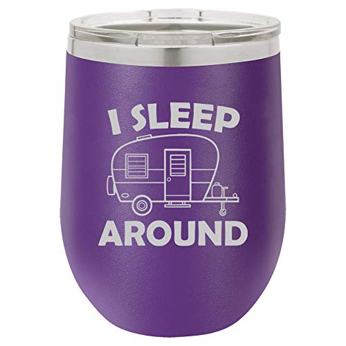 12 oz Double Wall Vacuum Insulated Stainless Steel Stemless Wine Tumbler Glass Coffee Travel Mug With Lid I Sleep Around Camper Camp Funny (Purple)