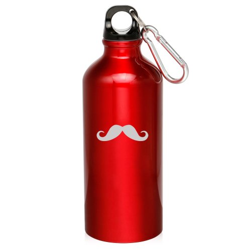 Red 20oz Aluminum Sports Water Bottle Caribiner Clip ZW464 Mustache