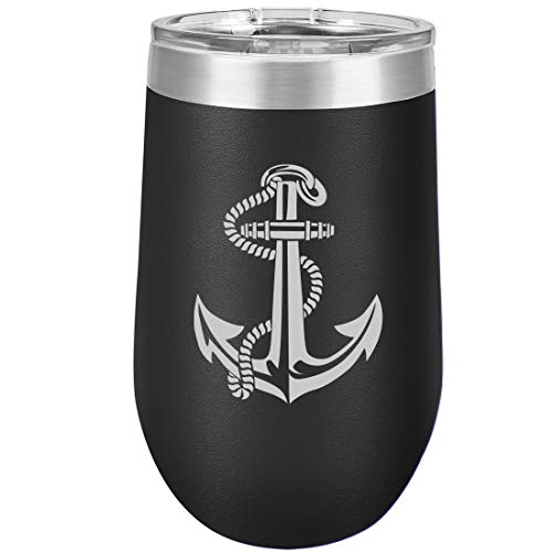 16 oz Double Wall Vacuum Insulated Stainless Steel Stemless Wine Tumbler Glass Coffee Travel Mug With Lid Anchor With Rope (Black)