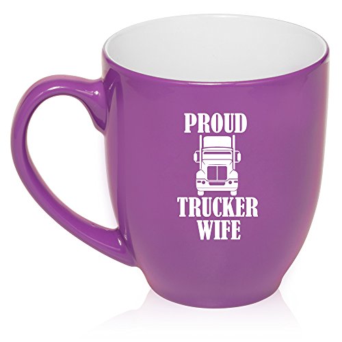 16 oz Large Bistro Mug Ceramic Coffee Tea Glass Cup Proud Trucker Wife (Purple)
