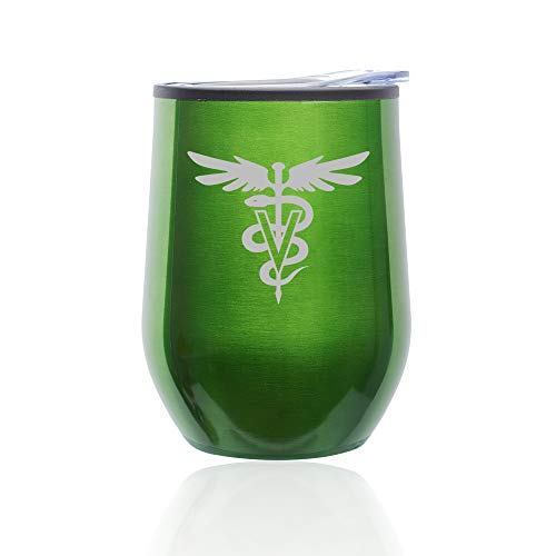 Stemless Wine Tumbler Coffee Travel Mug Glass With Lid Vet Vetinarian Symbol (Green)