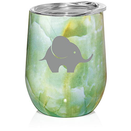 12 oz Double Wall Vacuum Insulated Stainless Steel Marble Stemless Wine Tumbler Glass Coffee Travel Mug With Lid Baby Elephant (Turquoise Green Marble)