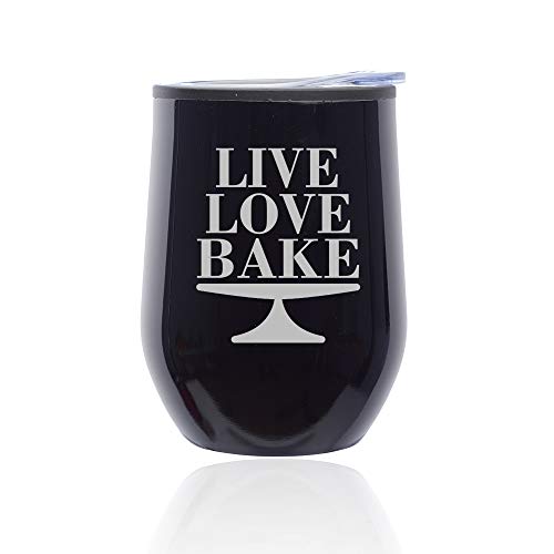 Stemless Wine Tumbler Coffee Travel Mug Glass With Lid Live Love Bake (Midnight Black)