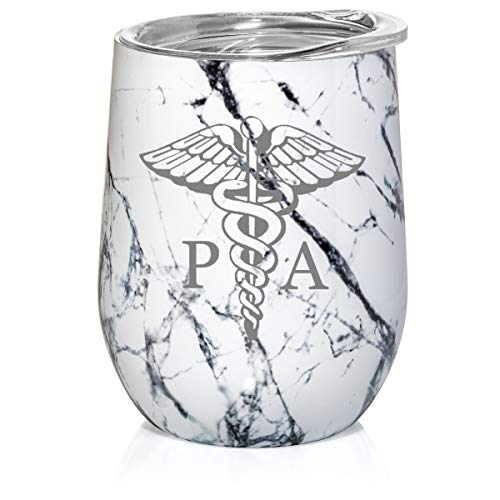 12 oz Double Wall Vacuum Insulated Stainless Steel Marble Stemless Wine Tumbler Glass Coffee Travel Mug With Lid PA Physician Assistant Caduceus (Black White Marble)