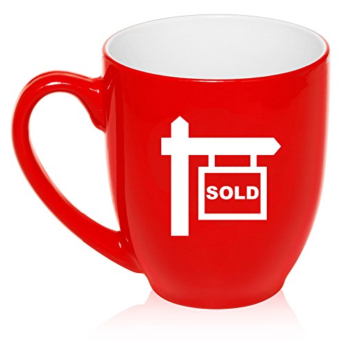 16 oz Large Bistro Mug Ceramic Coffee Tea Glass Cup Real Estate Agent Broker Realtor Sold (Red)