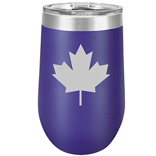 16 oz Double Wall Vacuum Insulated Stainless Steel Stemless Wine Tumbler Glass Coffee Travel Mug With Lid Maple Leaf Canada (Purple)