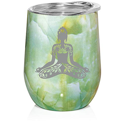 12 oz Double Wall Vacuum Insulated Stainless Steel Marble Stemless Wine Tumbler Glass Coffee Travel Mug With Lid Buddha Yoga Lotus (Turquoise Green Marble)