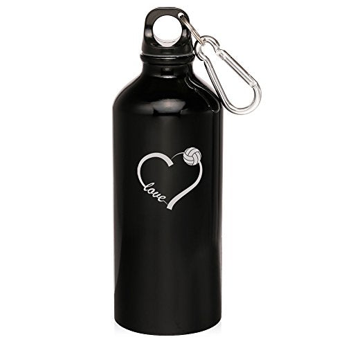 20oz Aluminum Sports Water Bottle Caribiner Clip Love Volleyball Heart (Black)