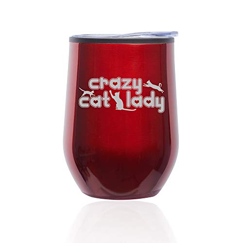 Stemless Wine Tumbler Coffee Travel Mug Glass With Lid Crazy Cat Lady (Red)