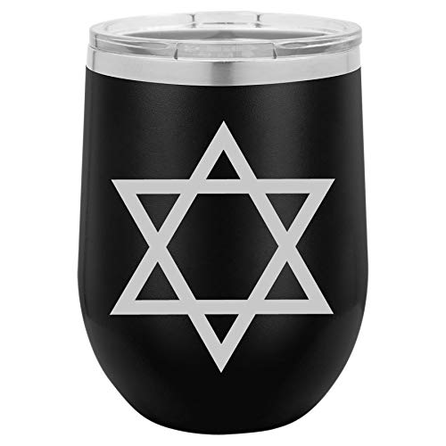 12 oz Double Wall Vacuum Insulated Stainless Steel Stemless Wine Tumbler Glass Coffee Travel Mug With Lid Jewish Star Of David (Black)