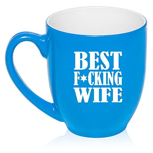 16 oz Large Bistro Mug Ceramic Coffee Tea Glass Cup Best F-ing Wife (Light Blue)