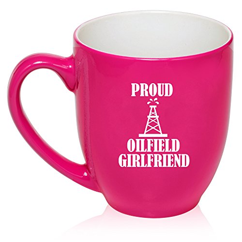 16 oz Large Bistro Mug Ceramic Coffee Tea Glass Cup Proud Oilfield Girlfriend (Hot Pink)