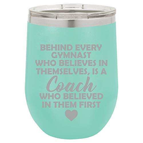 12 oz Double Wall Vacuum Insulated Stainless Steel Stemless Wine Tumbler Glass Coffee Travel Mug With Lid Gymnastics Coach Gift (Teal)