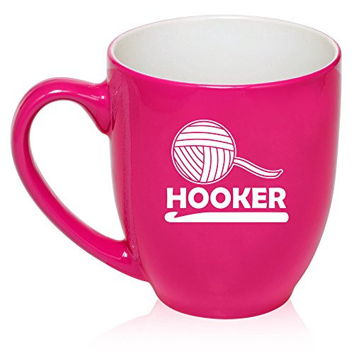 16 oz Large Bistro Mug Ceramic Coffee Tea Glass Cup Funny Crochet Hooker (Hot Pink)