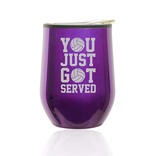 Stemless Wine Tumbler Coffee Travel Mug Glass With Lid You Just Got Served Volleyball (Royal Purple)