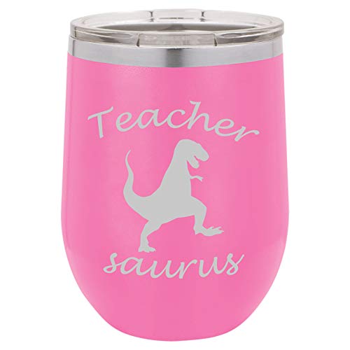 12 oz Double Wall Vacuum Insulated Stainless Steel Stemless Wine Tumbler Glass Coffee Travel Mug With Lid Teacher Saurus Funny T-Rex (Hot-Pink)