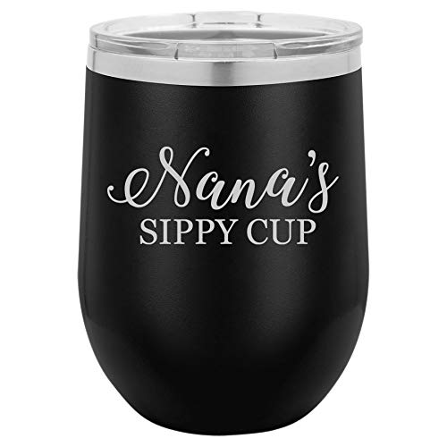 12 oz Double Wall Vacuum Insulated Stainless Steel Stemless Wine Tumbler Glass Coffee Travel Mug With Lid Nana's Sippy Cup Funny (Black)